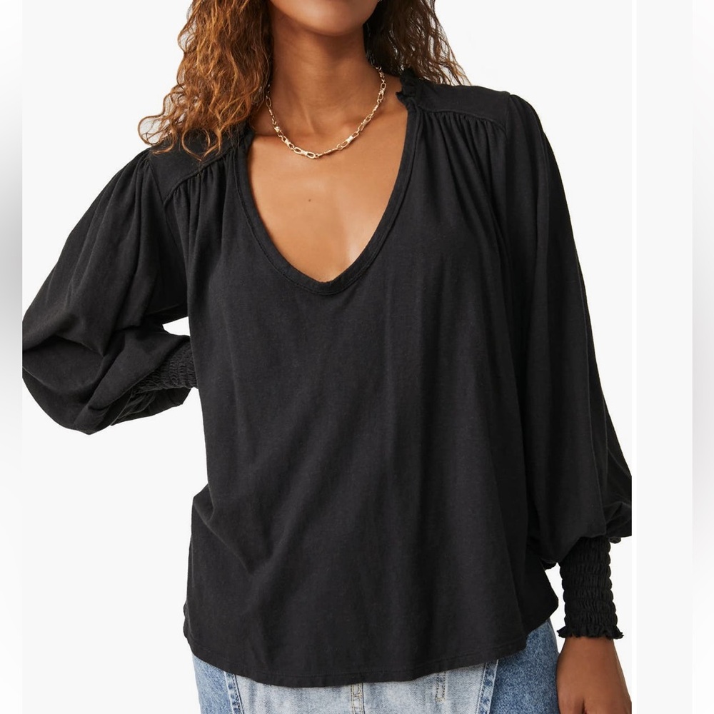 We The Free Bella Charcoal Blouse with Smocked Sleeves